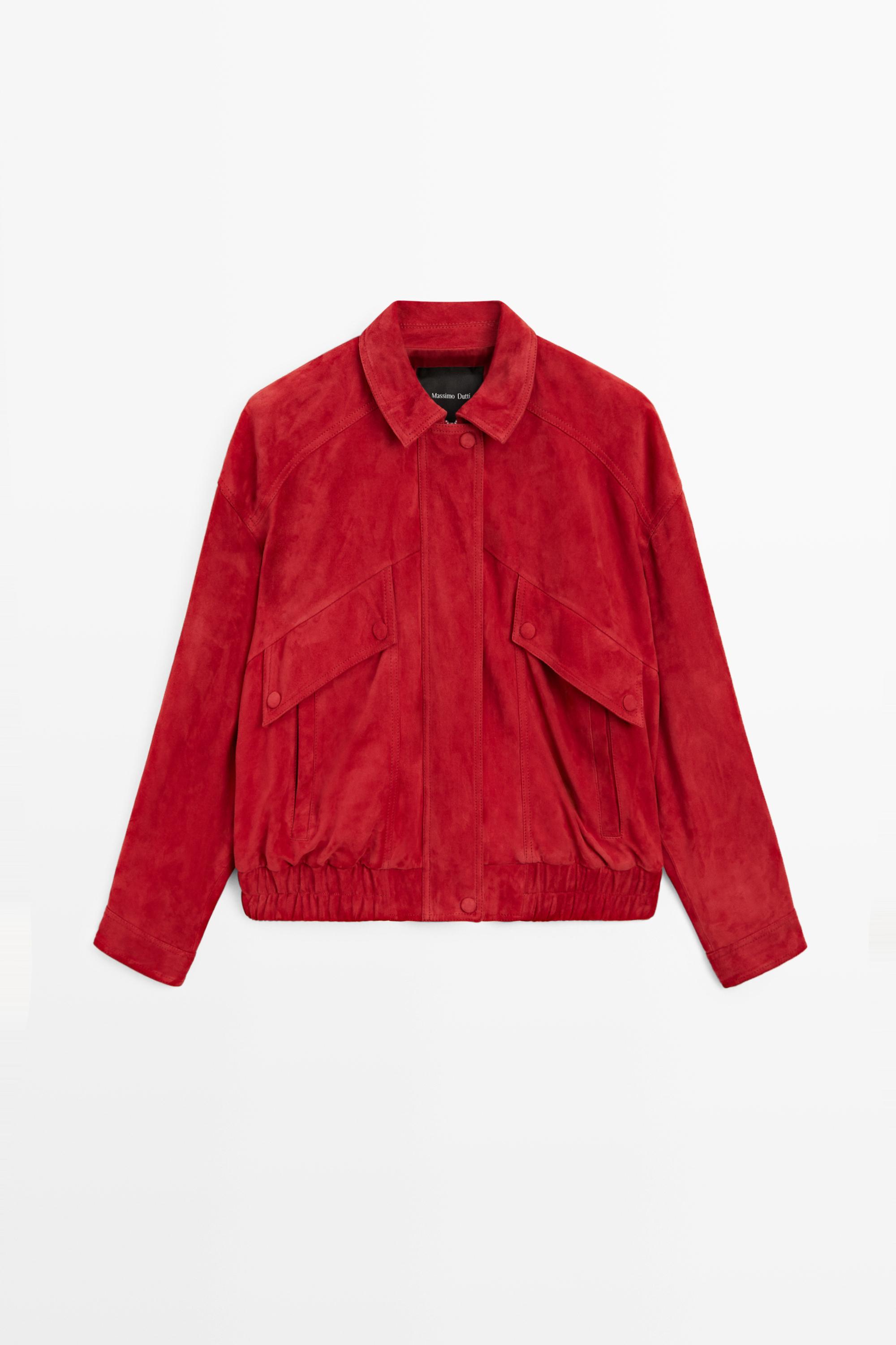 Suede leather bomber jacket with pocket details